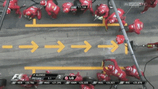 F1 pit stop in action: overhead view of a Ferrari crew changing all four tires in seconds